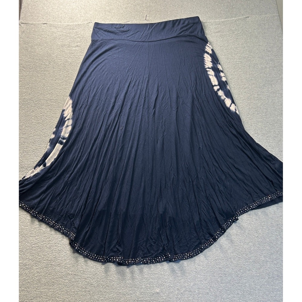 Roz & Ali Maxi Skirt Womens 2X Navy Tie Dye Rhinestone Stud Boho High Low Hem - Picture 2 of 7